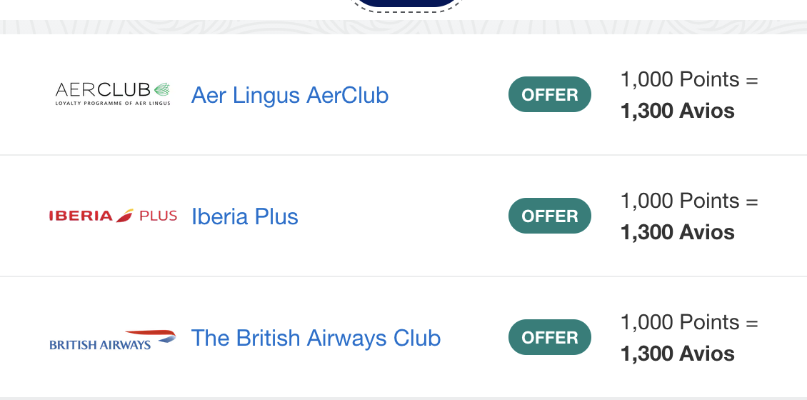 Amex Membership Rewards transfer offers: Aer Lingus AerClub, Iberia Plus and The British Airways Club each showing 1,000 Points = 1,300 Avios