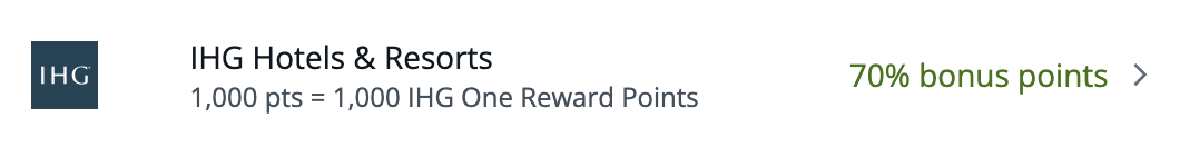 Chase bonus offer panel: IHG Hotels and Resorts, 1,000 points = 1,000 IHG One Reward Points, 70% bonus points