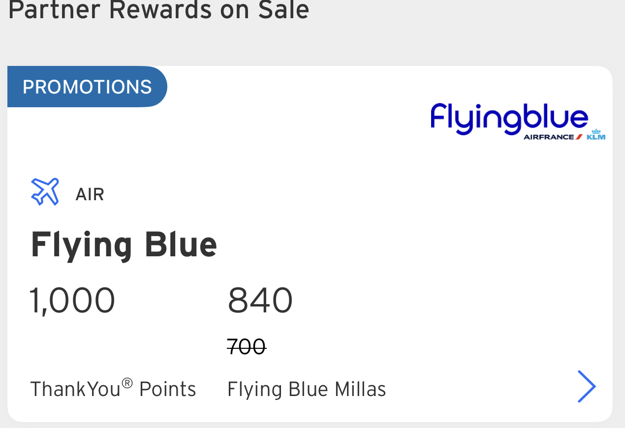 Citi Partner Rewards on Sale promotion: Flying Blue, 1,000 ThankYou Points = 840 Flying Blue Millas, with 700 struck through